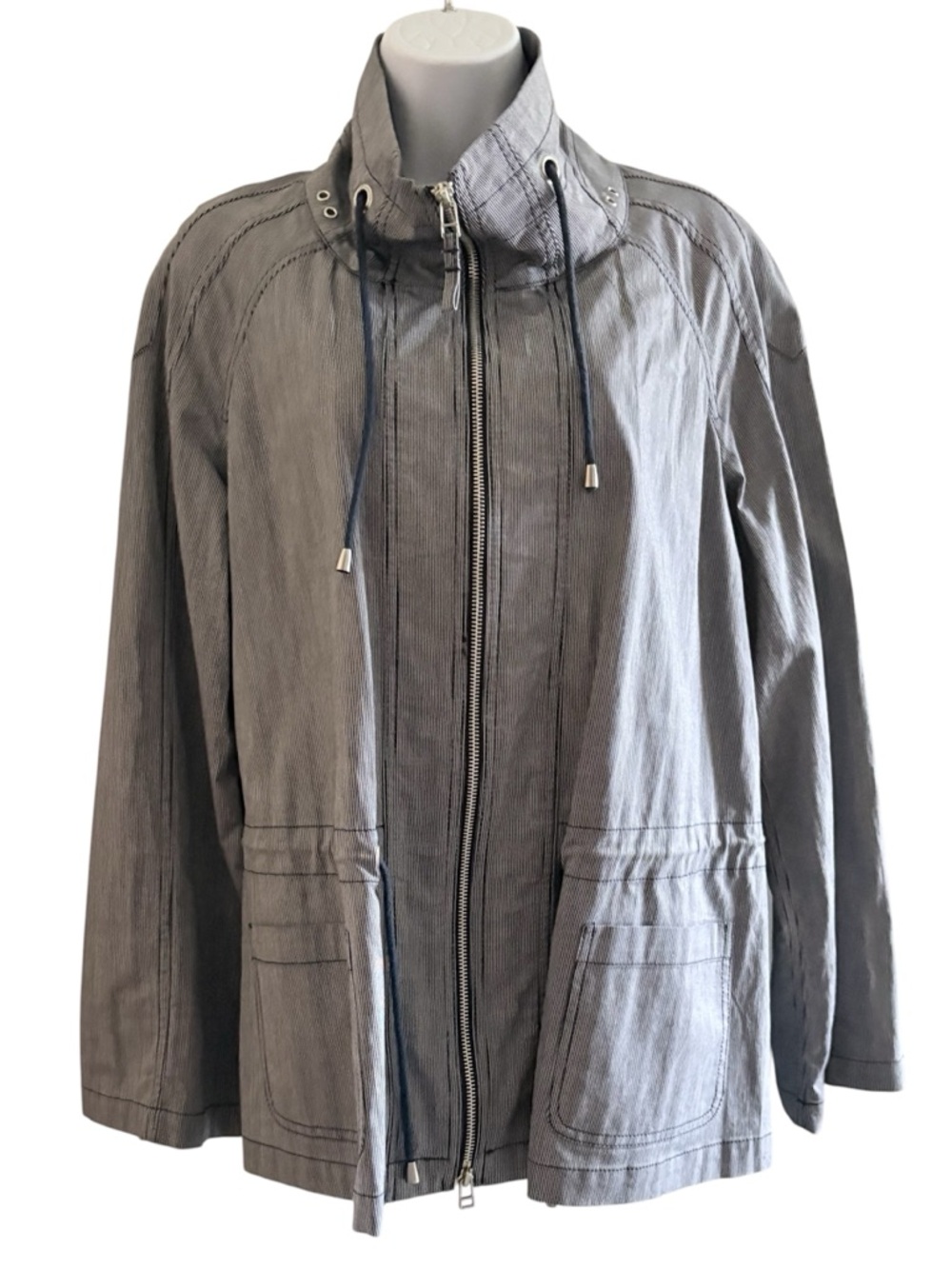 LAFAYETTE 148 Parka Jacket Sz 12 Blue White Striped Lightweight Waist Neck Tie